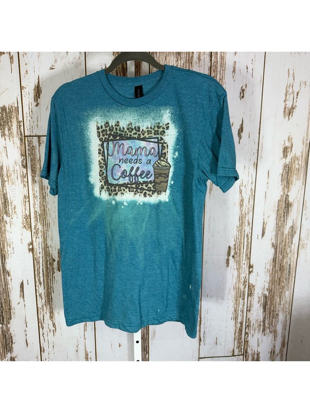Gildan, Teal 'Mama Needs a Coffee' Short Sleeve Tee. Size Medium. Good used cond